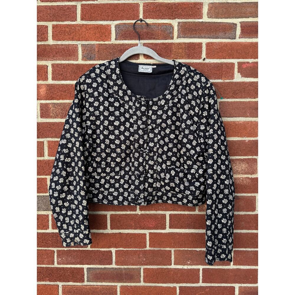 Vintage Floral Crop Jacket Womens Small Black White Cotton Boho Cottagecore - Picture 2 of 10